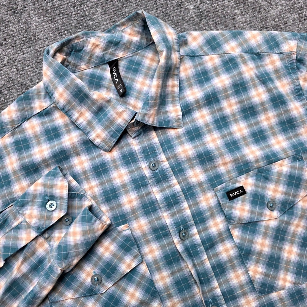 RVCA Shirt Men's Medium Plaid Long Sleeve Button Down Teal Blue Orange Woven Top